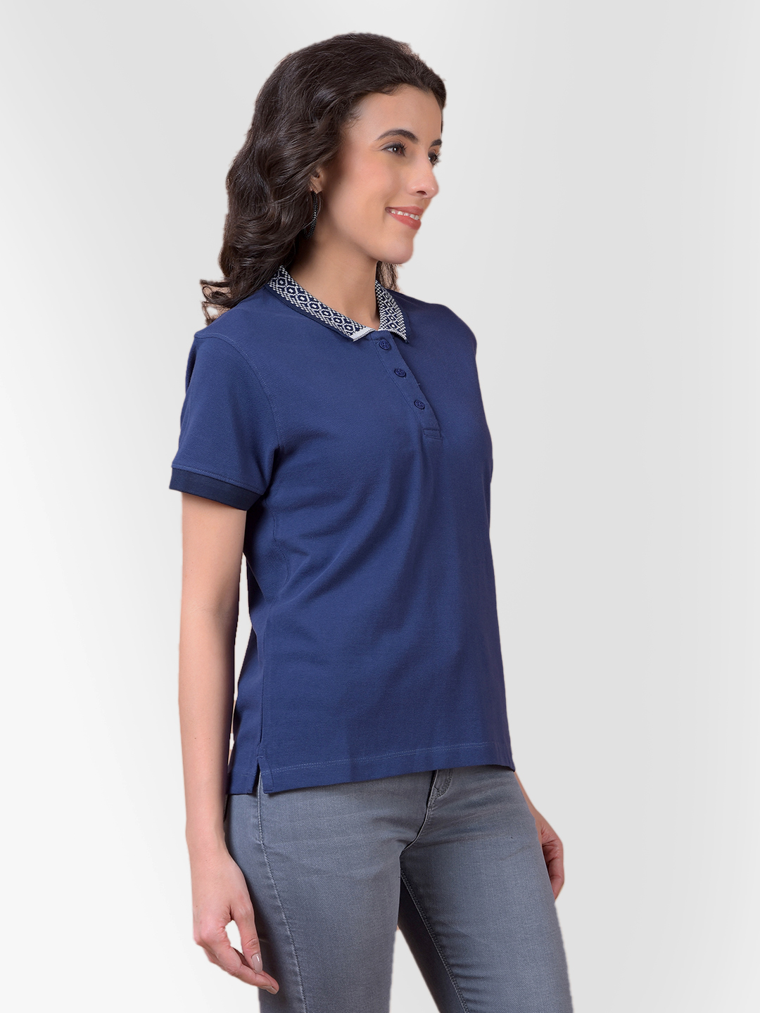 Numero Uno Women Navy Polo Neck T-Shirt With Printed Collar